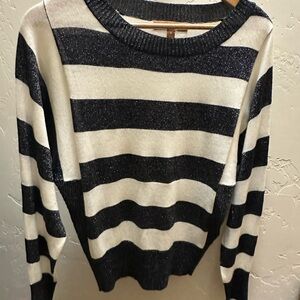 Ellen Tracy Striped Metallic Dark Navy and Cream Sweater